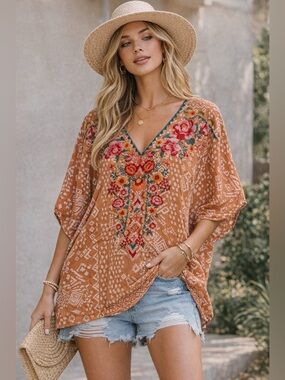 Savanna Jane Embroidered Boho Top Aztec Print Oversized Floral Blouse S